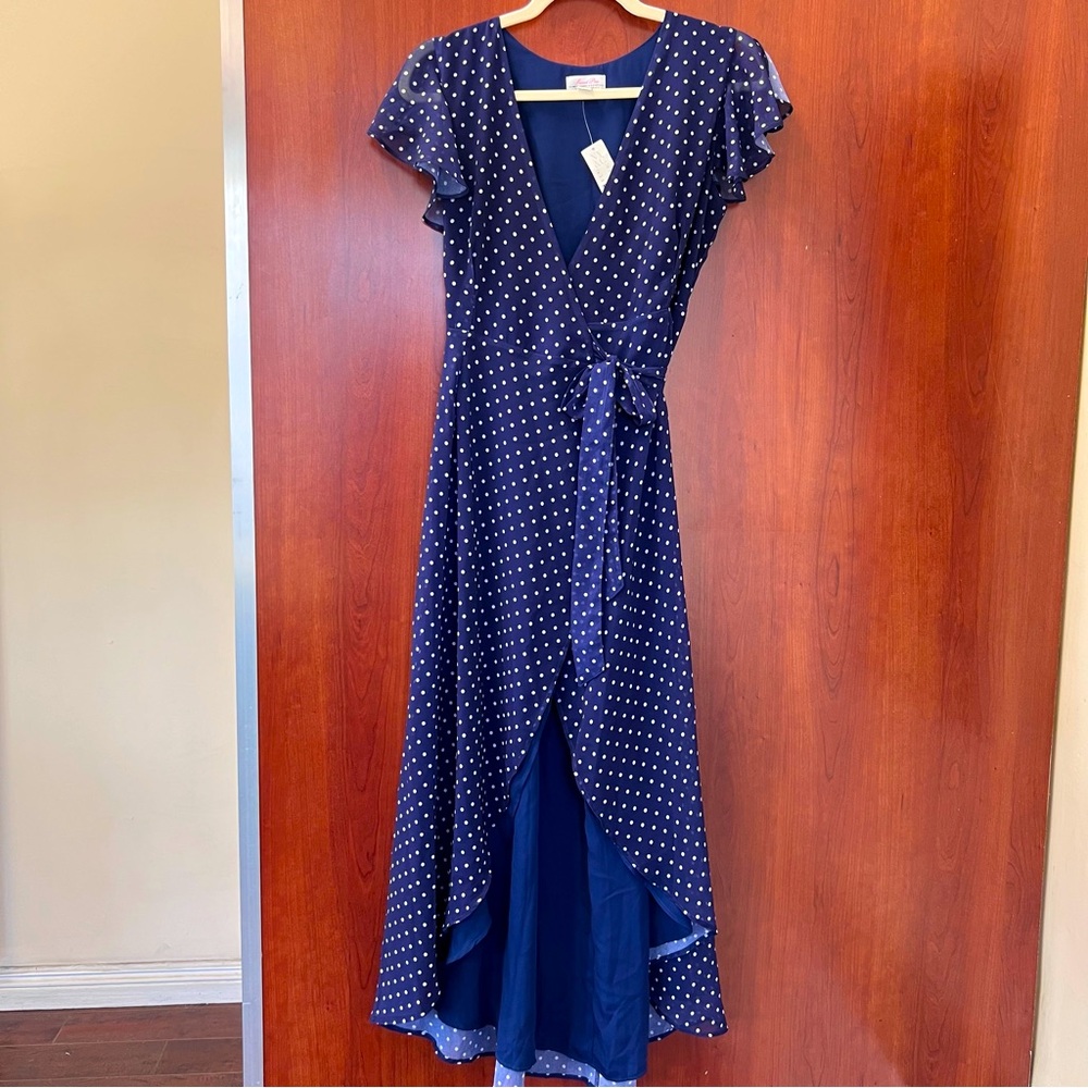 New with Tags Dot-Print Hi-Lo Wrap Dress Sweet Pea Stacy Frati Size XS Navy Blue